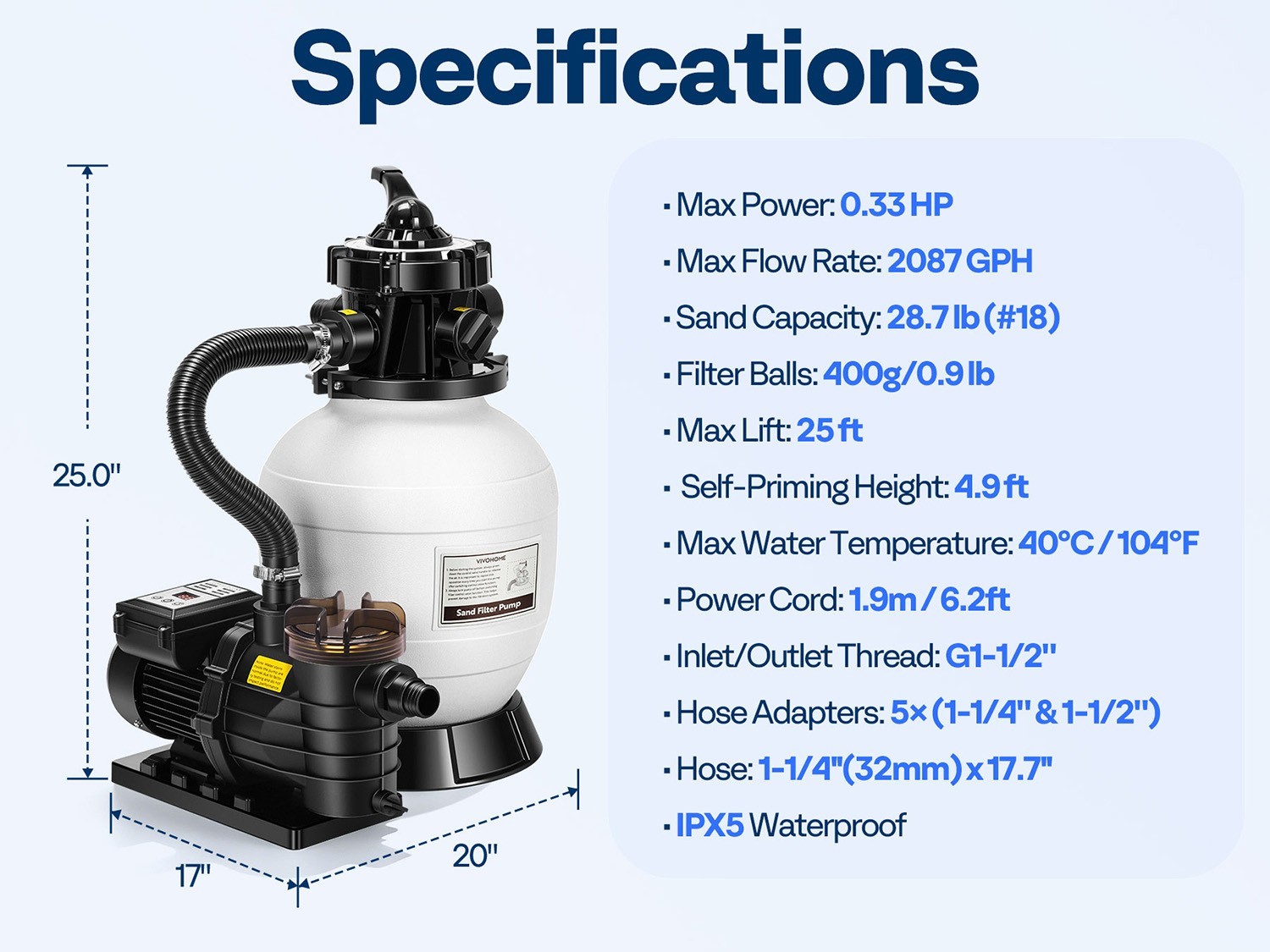 12/13in Sand Filter Pump In/Above Ground Pool System 7-Way w/ Timer 2087/2640GPH