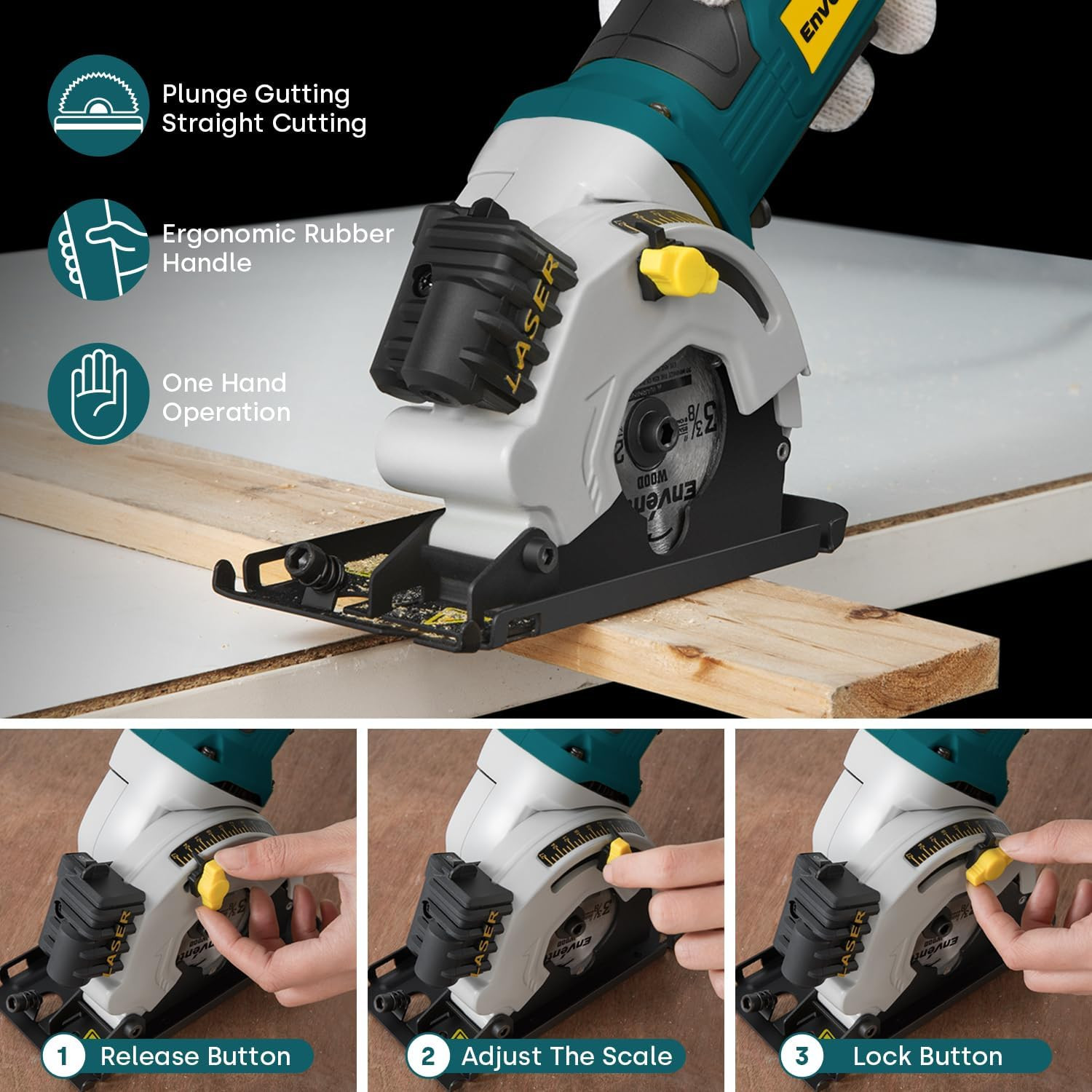 Compact Mini Circular Saw with Laser Guide, 4.8A, 3 Blades, 4000RPM