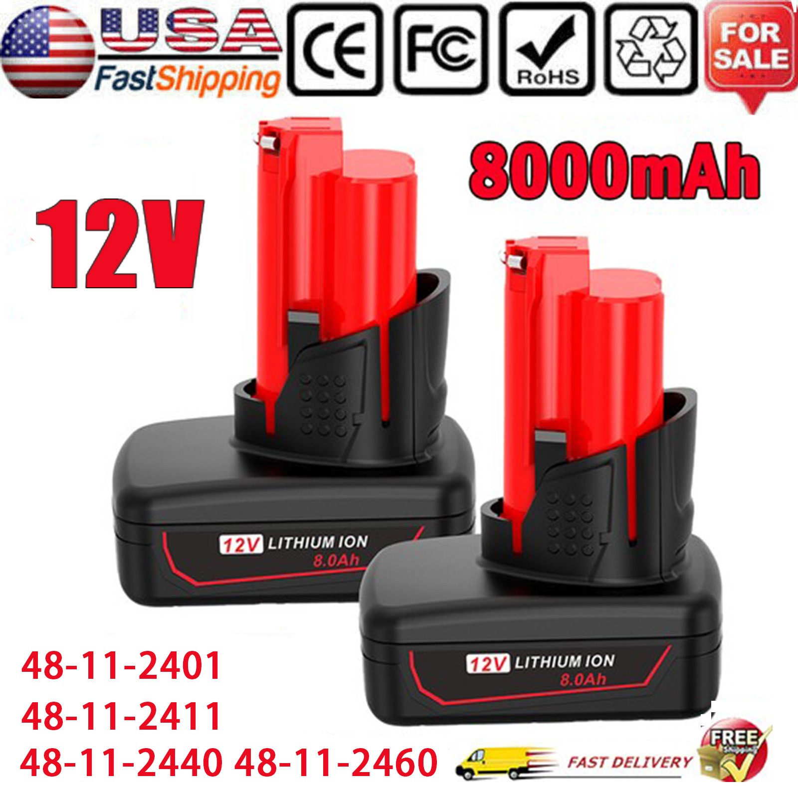 2Pack 8.0Ah Battery For Milwaukee for M12 LITHIUM Extended Capacity 48-11-2460