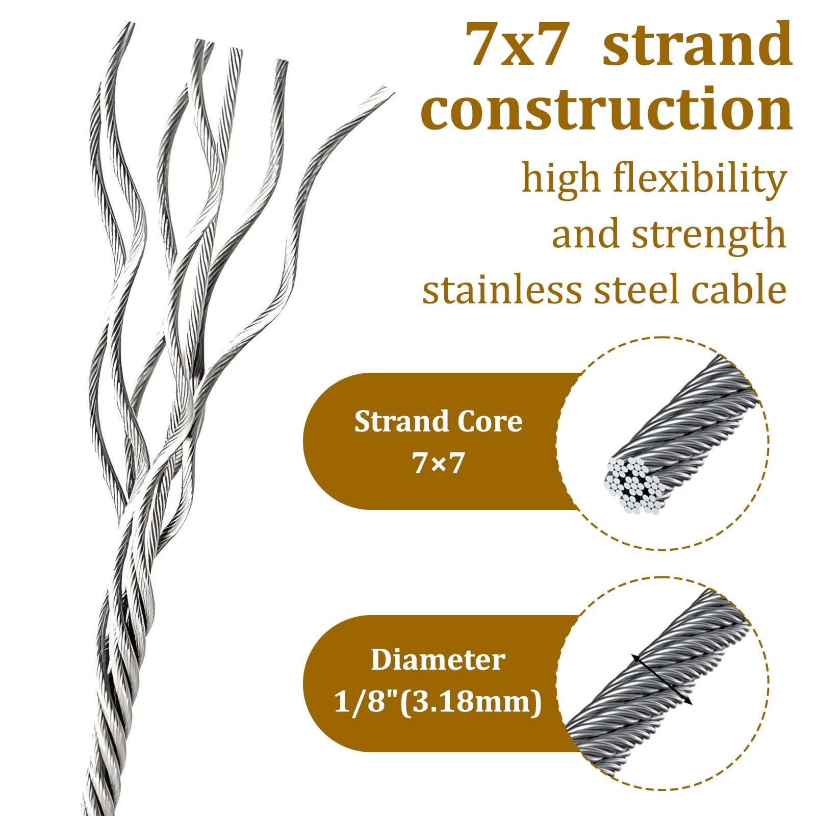 1/8″ Stainless Steel Cable 100ft Wire Rope Metal Cable with Loop Sleeve and S…