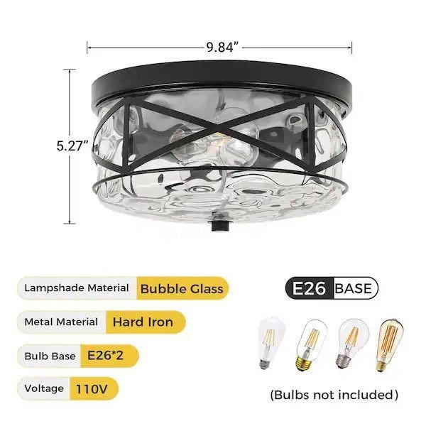 LamQee 9.8 in. 2-Light Black Flush Mount Glass Ceiling Light with Metal Frame