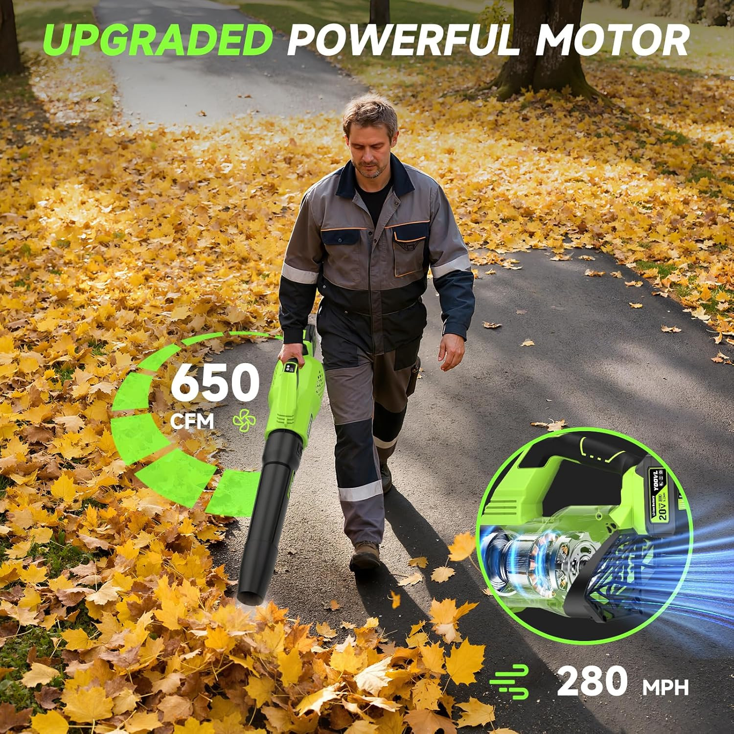 Leaf Blower Cordless, 650CFM Electric Leaf Blowers with 2 X 5.2Ah Batteries and