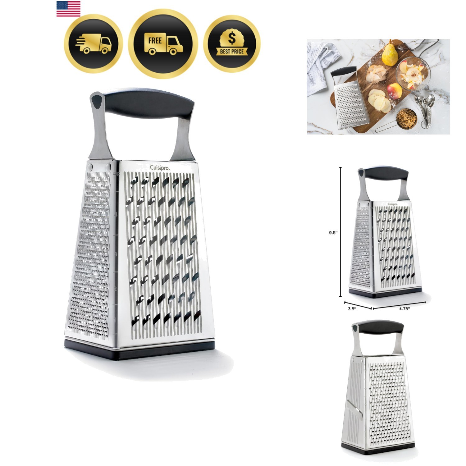 Stainless Steel Cheese Grater with Handle, 4 Sided Box Grater for Kitchen, Gi…