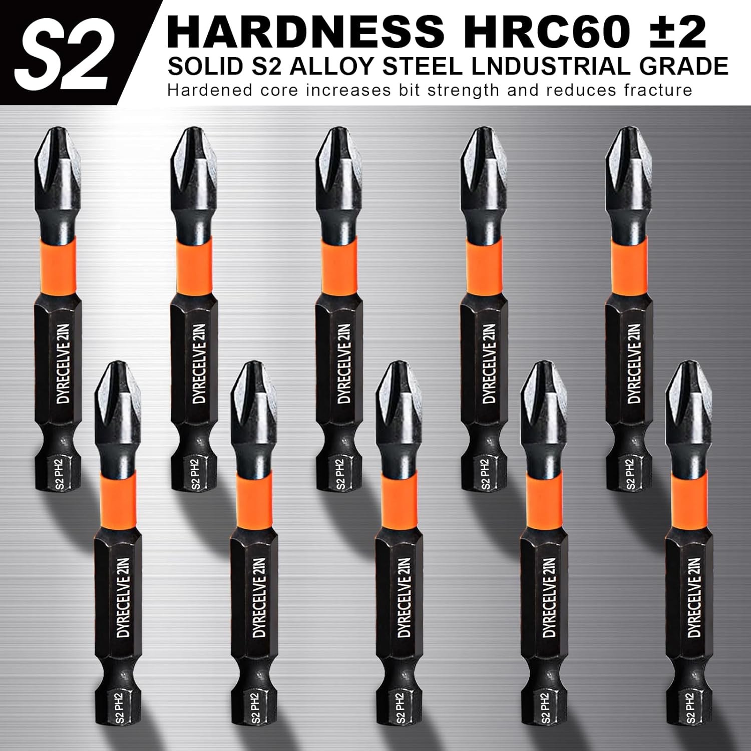 10-Pack 2″PH2 Phillips Impact Bits,Magnetic S2 Steel,1/4″Hex Shank for Impact Dr