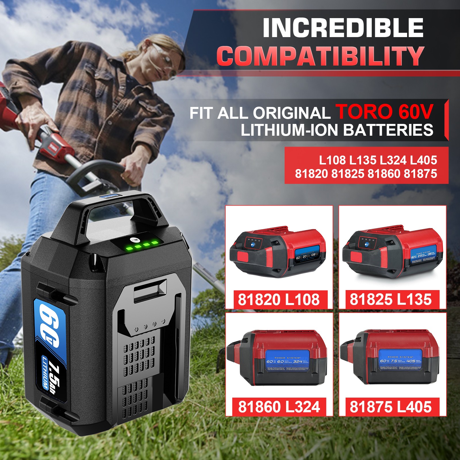 60V 7.5Ah Lithium-ion Battery for ‎Toro 60V Battery L108 L135 L216 L324 L405 886