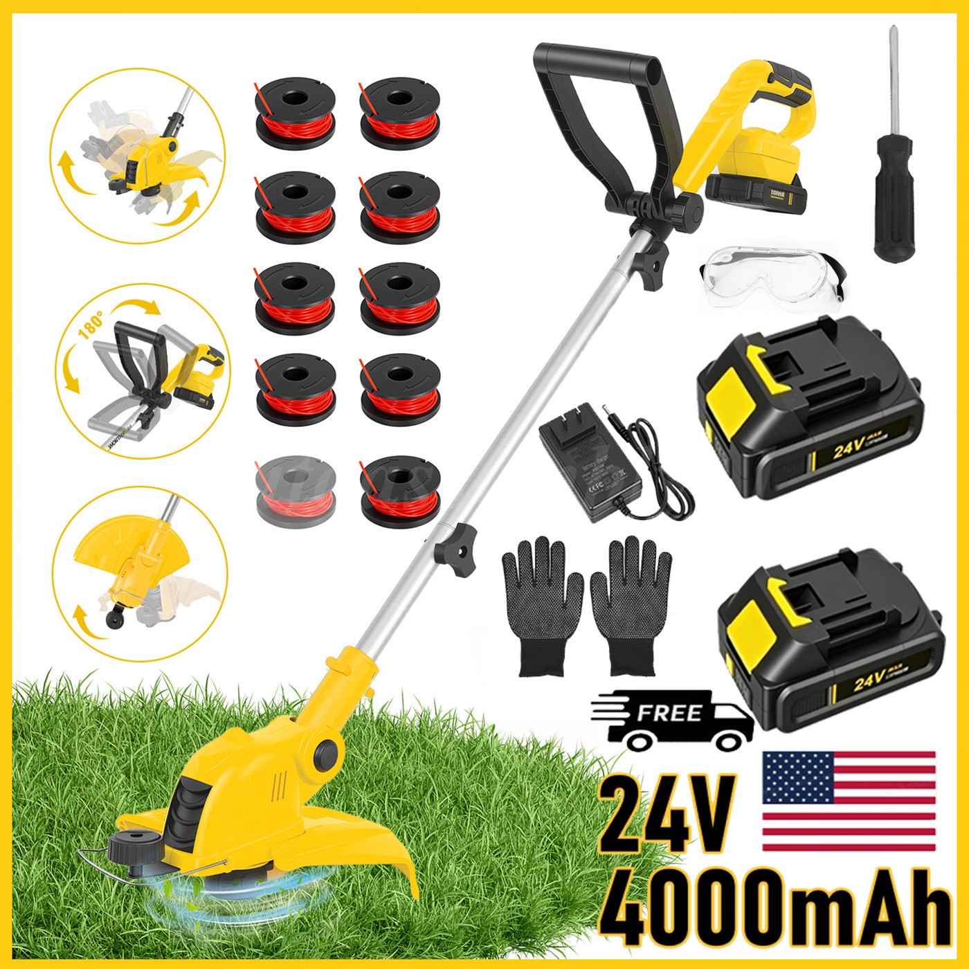 Cordless Weed Eater Electric Brush Cutter Lawn Edger Grass String Trimmer 4.0Ah