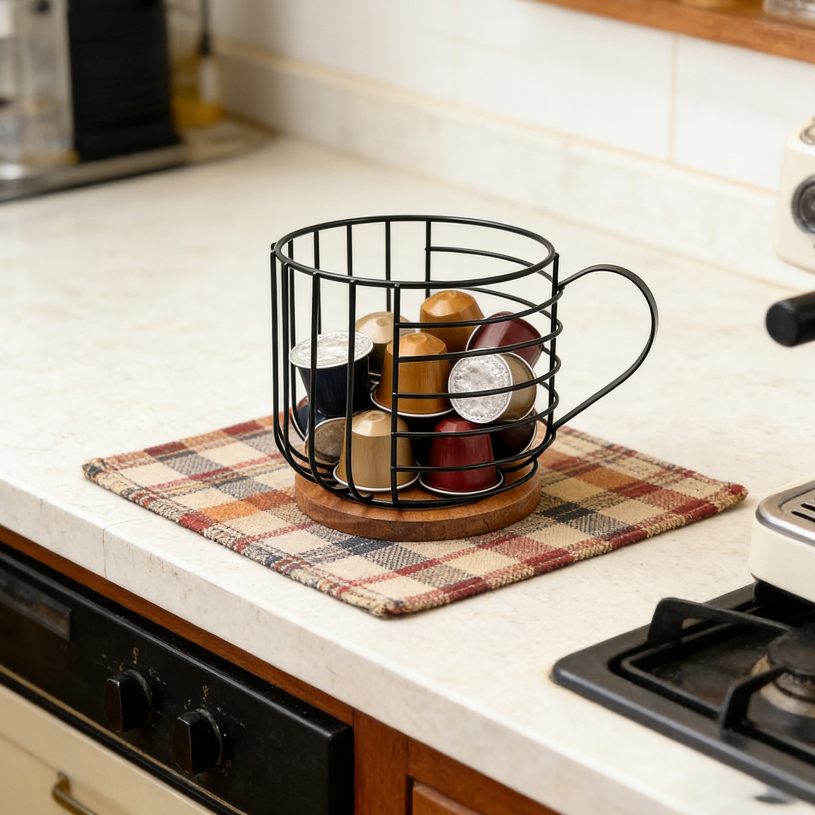 Metal Wire Design Coffee Capsule Holder With Wooden Base 8.39*6.1*6.1in