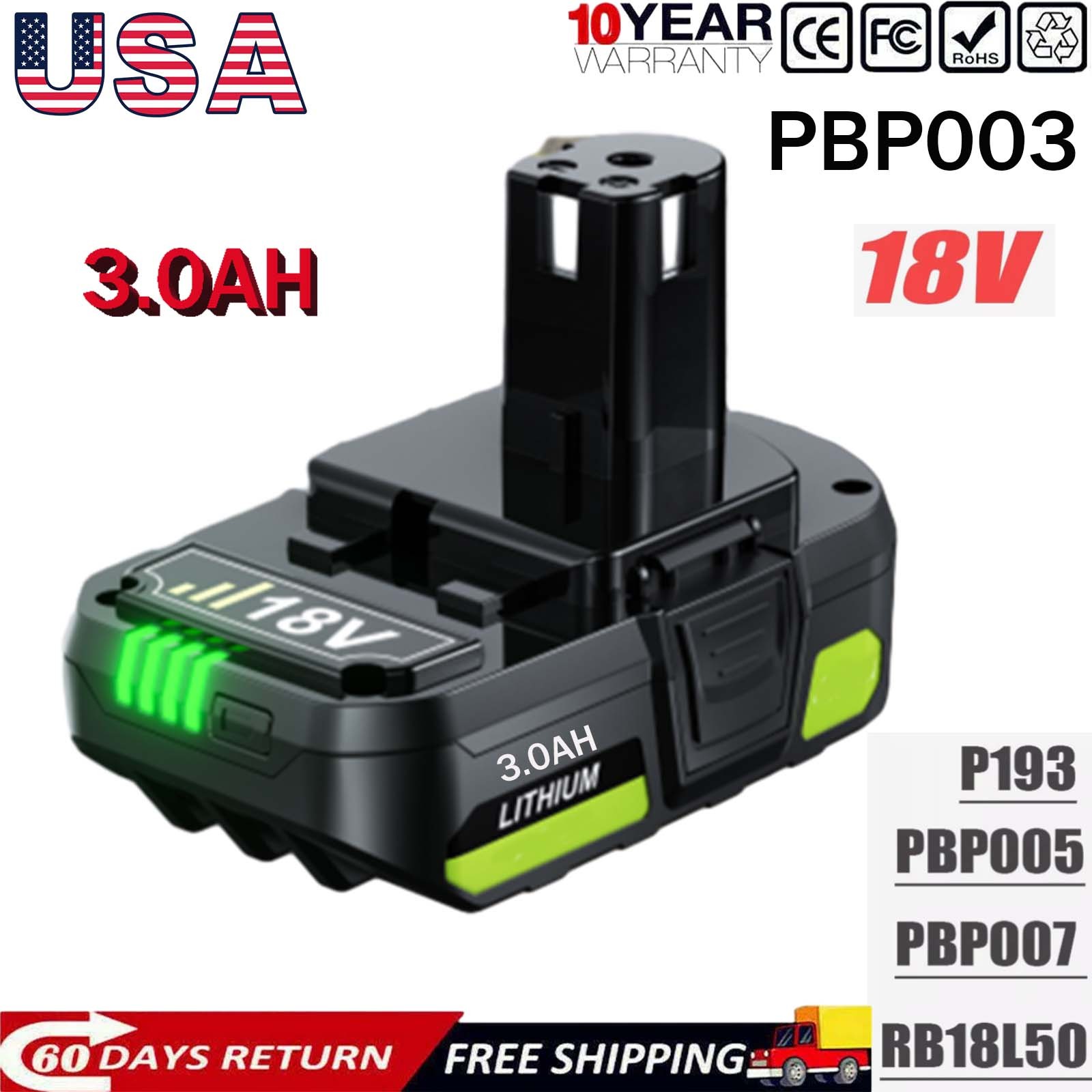 1-2X For Ryobi PBP003 3.0Ah 18V Lithium-ion Battery 4.0Ah Battery PBP002 PBP005