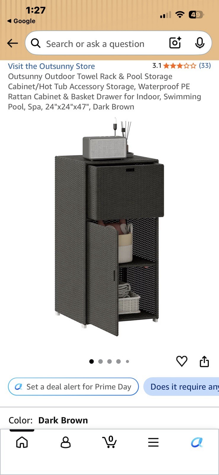 Outsunny PE Rattan Waterproof Freestanding Cabinet 1 Door/Drawer 24x24x47