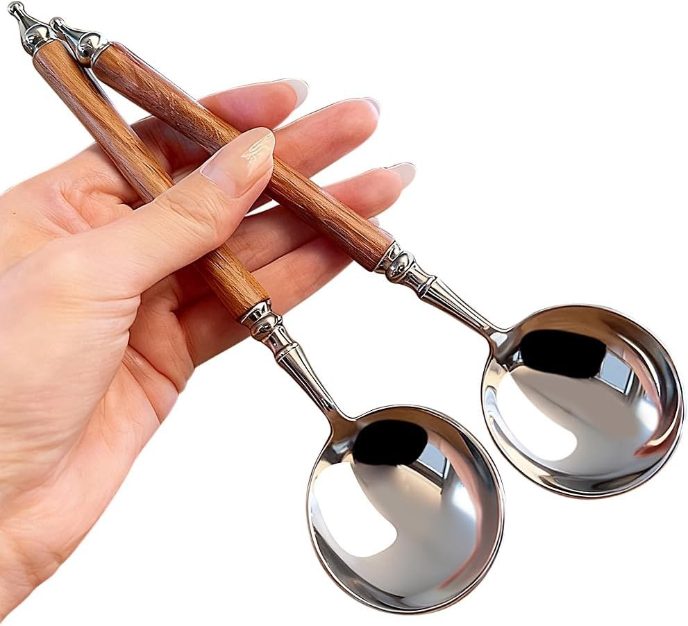 2Pcs Round Spoon Imitation Wood Handle Ice Cream Dessert Coffee Soup Spoons