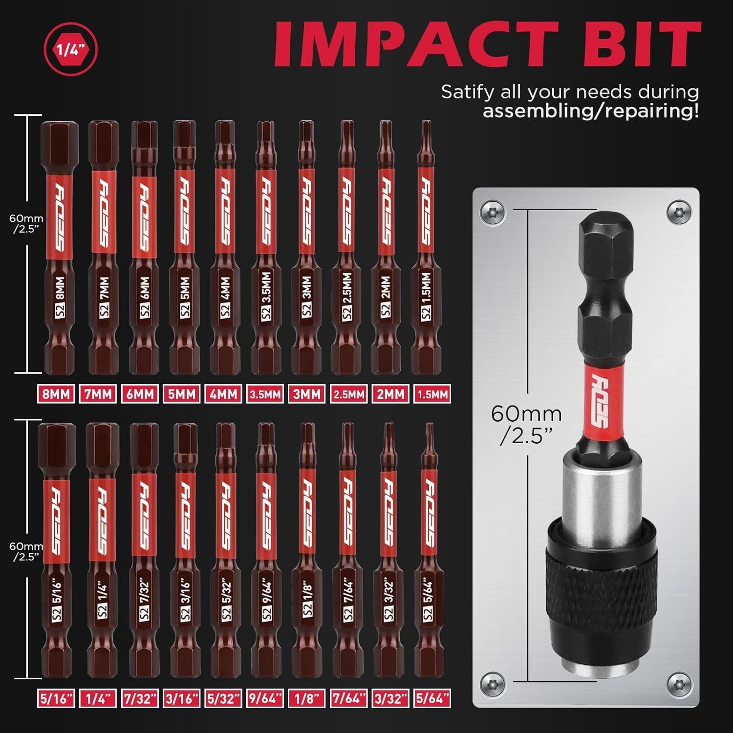 21-Piece 2.5″ Hex Head Allen Wrench Drill Bit Set, 1/4″ Hex Screwdriver Bits Set