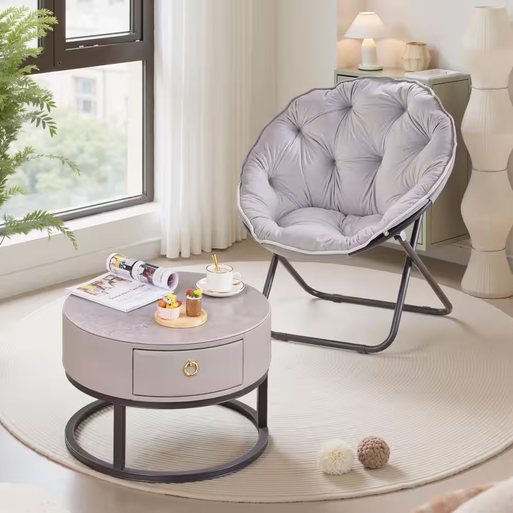 Folding Moon Chair with Faux Fur Seat, Gray Saucer Chair for Teens, Adults No-As