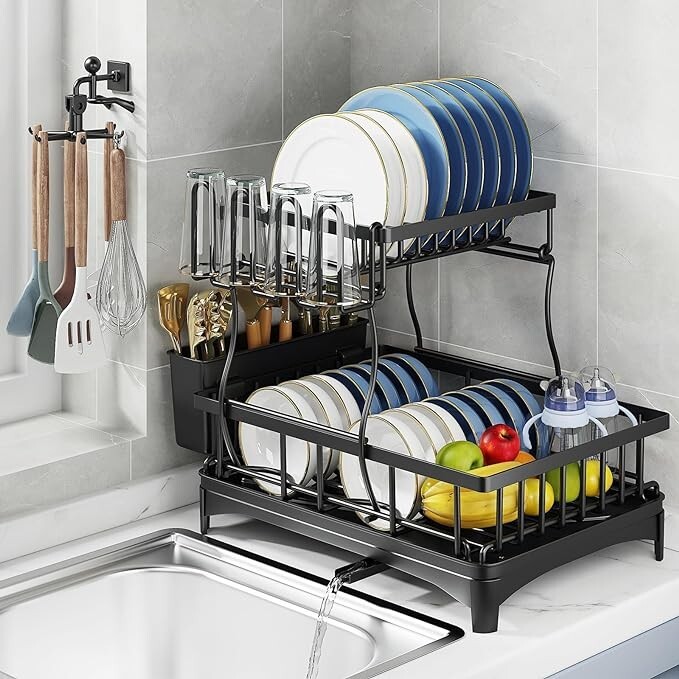 Dish Drying Rack, 2-Tier Dish Racks for Kitchen Counter, Dish Rack W/ Drainboard