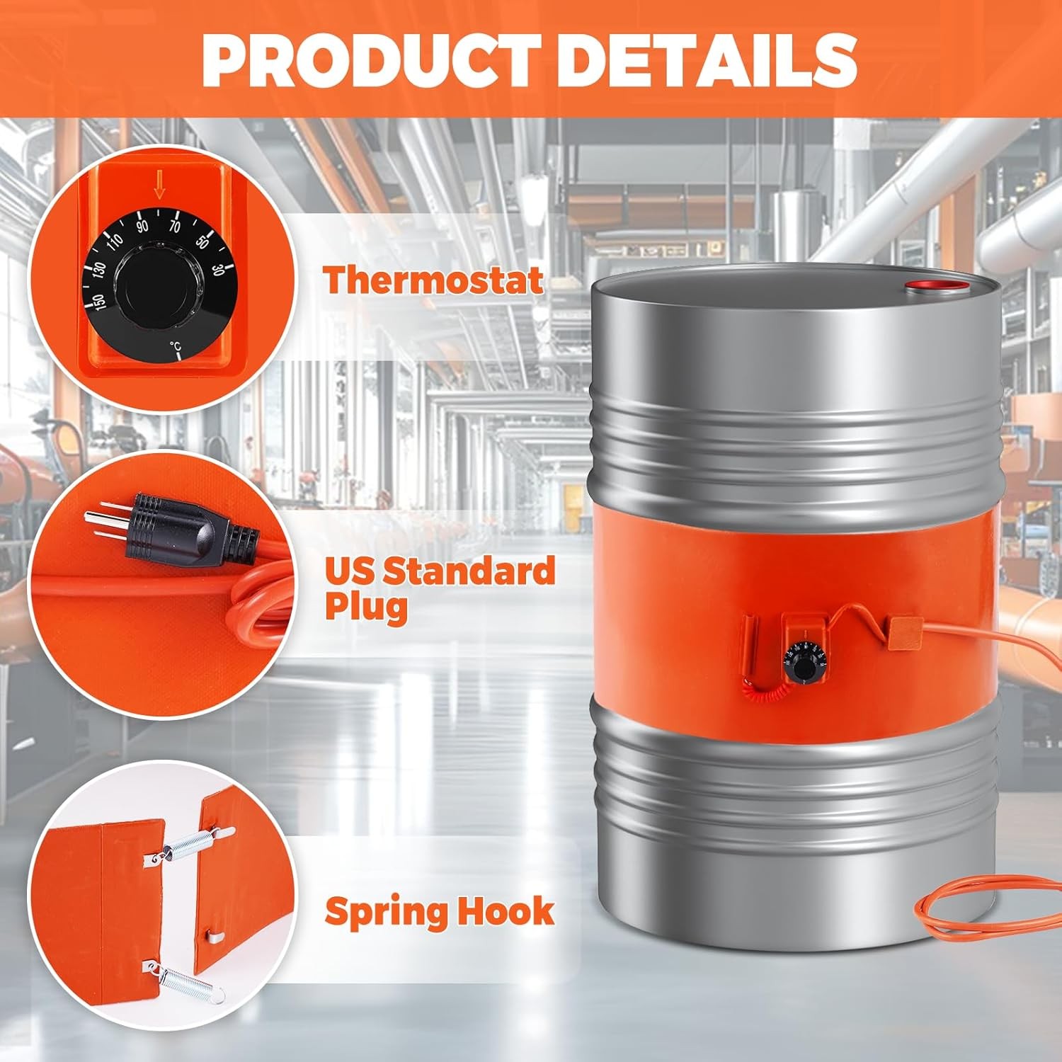 55 Gal Drum Heater Band 2000W 110V Silicone Thermostat 30–150°C, Adjustable Heat