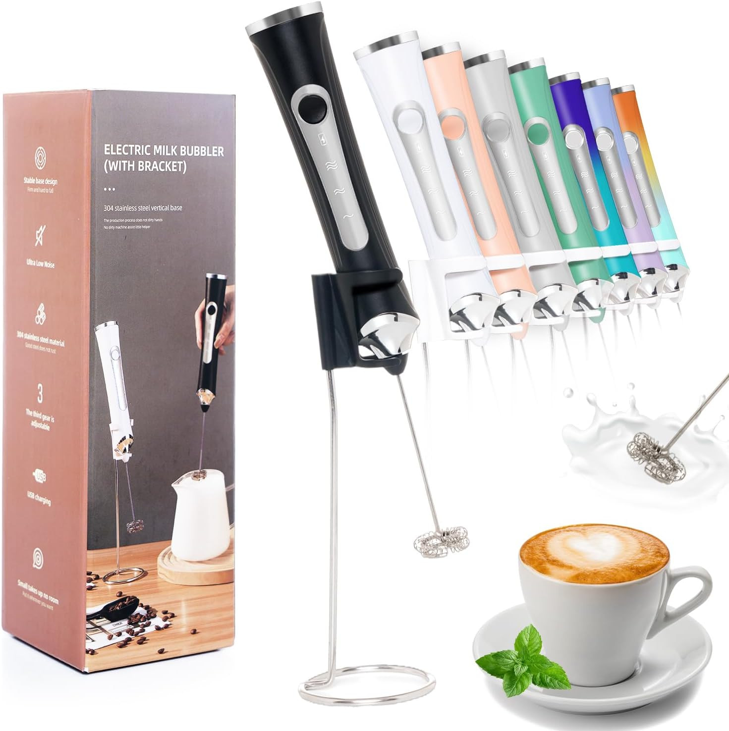Rechargeable Milk Frother Handheld for Coffee,3 Speeds Frother Wand with Stand,