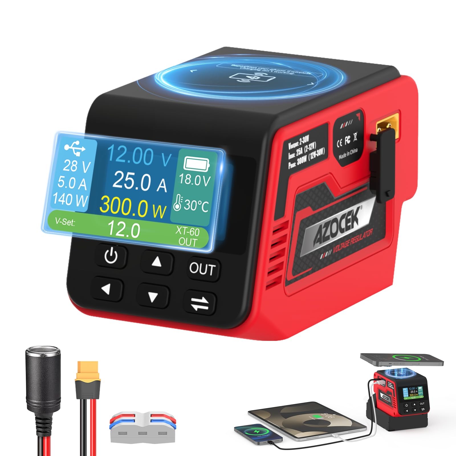 Azocek 300W Adjustable Voltage Regulator Compatible with Milwaukee 18V Red