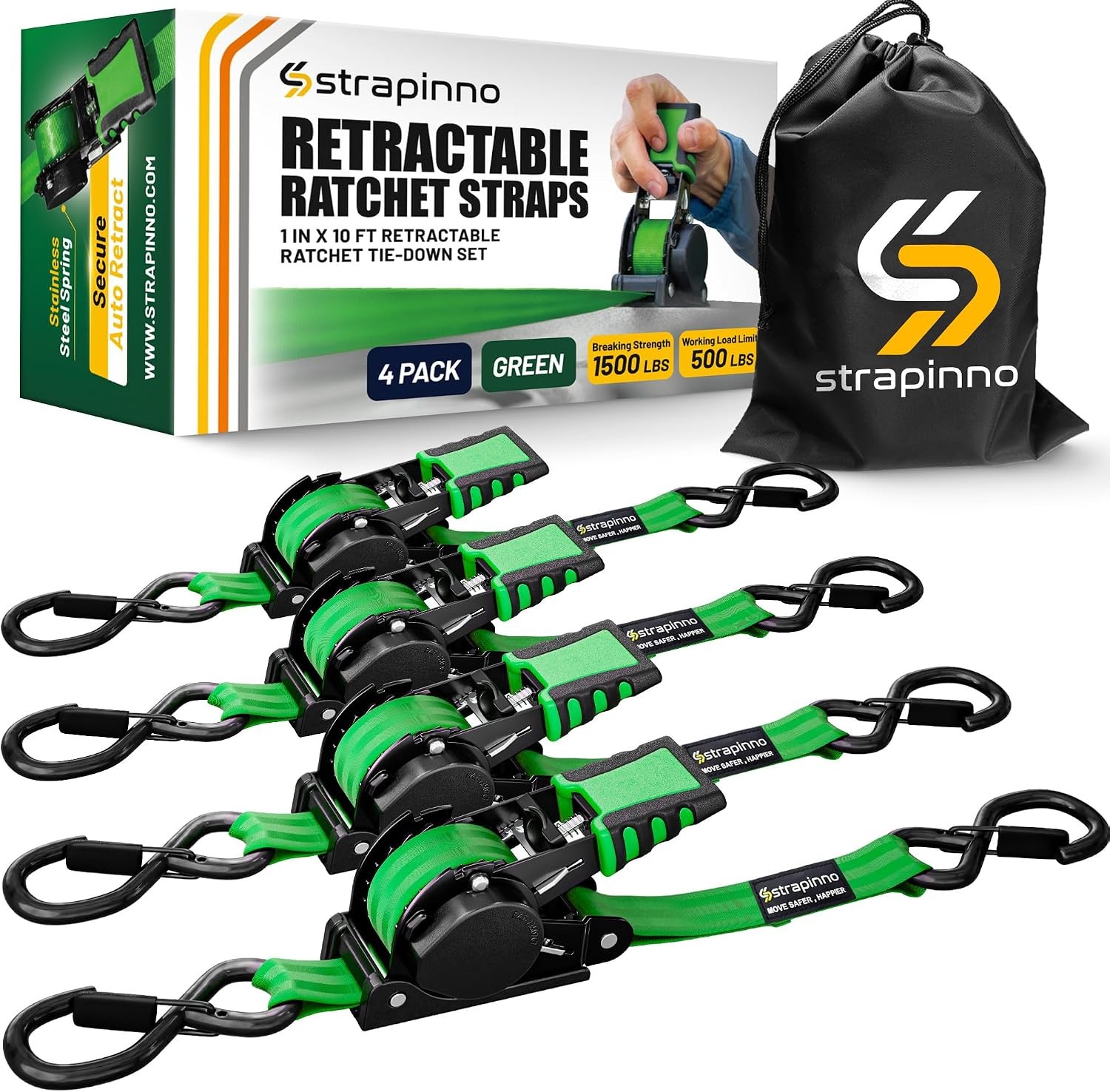 Retractable Ratchet Straps 4-Pack 1 in x 10 ft 1,500LBS Break Strength Most