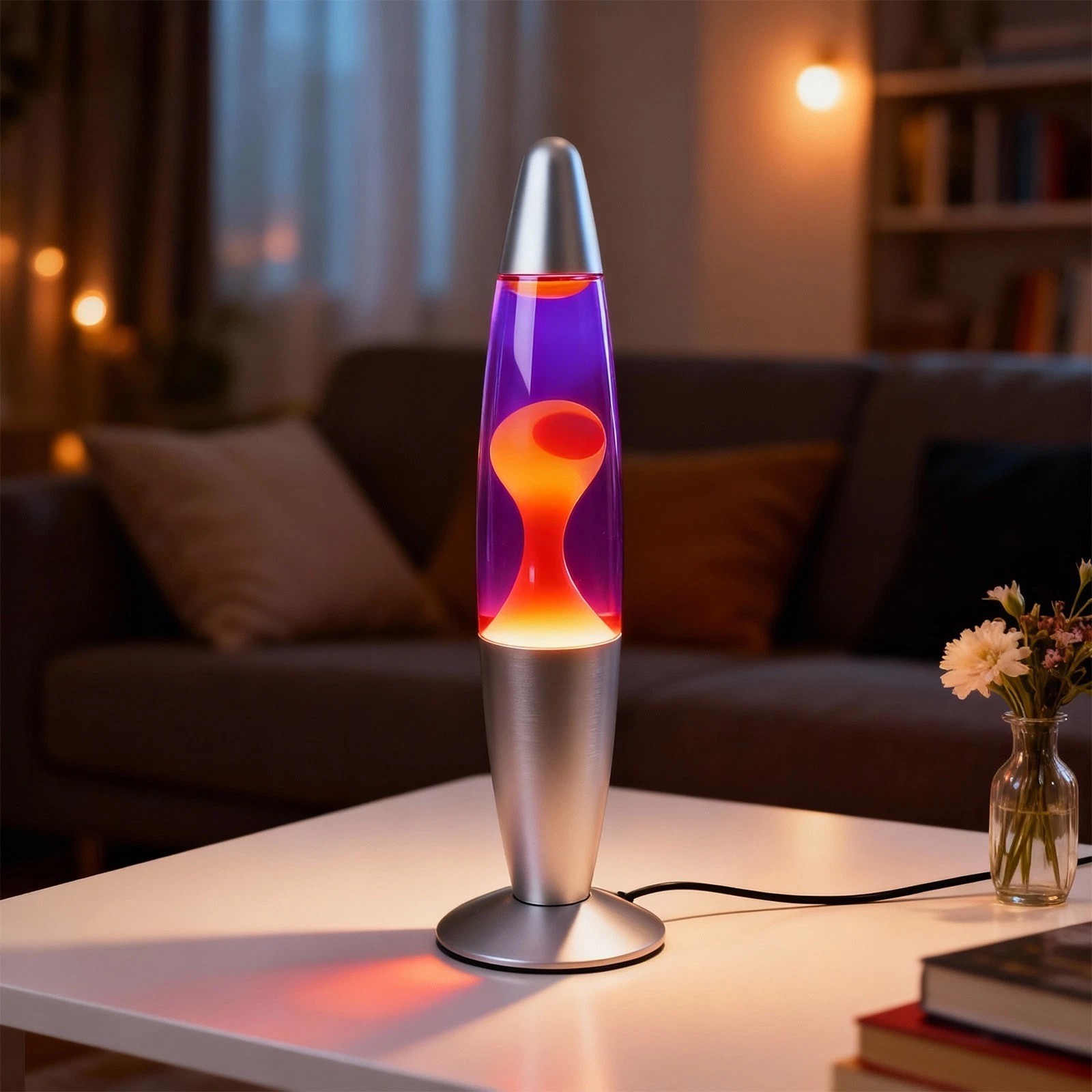 16-Inch Silver Base Lava Lamp with Yellow Wax in Purple Liquid