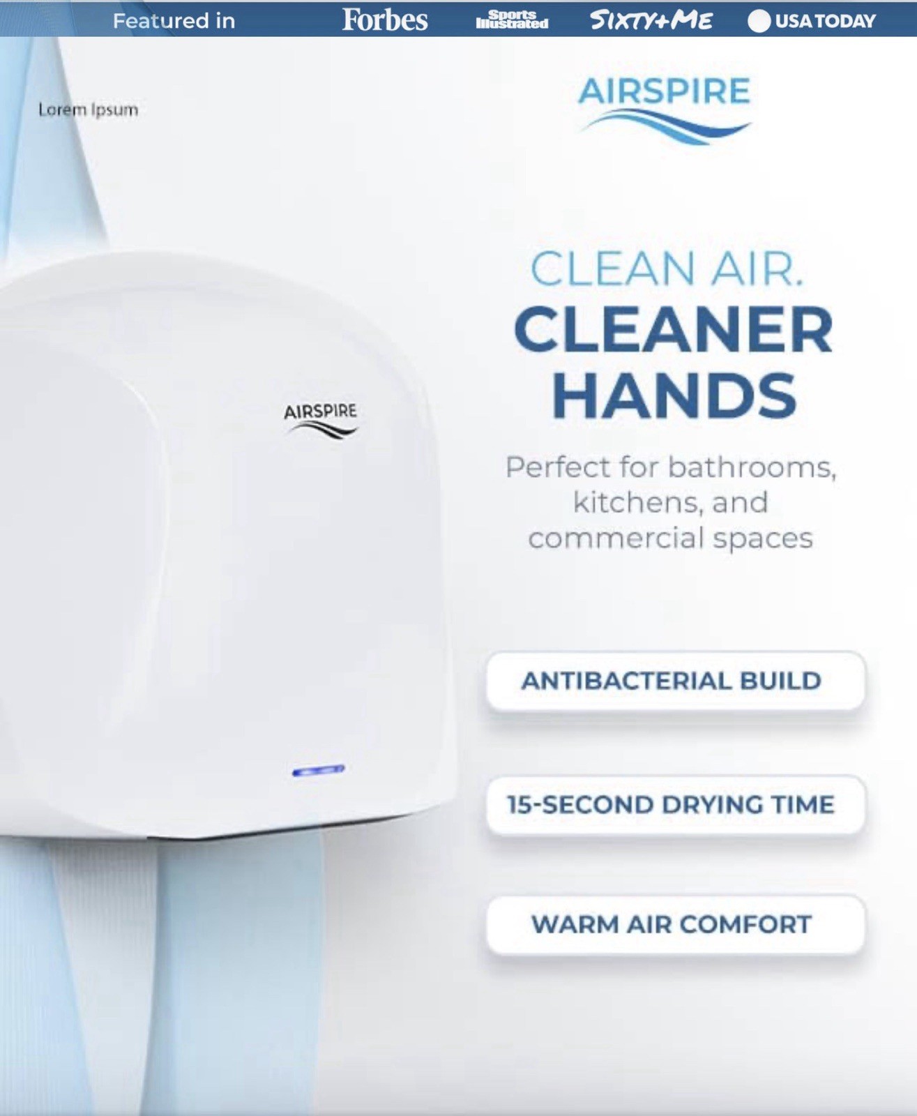 Airspire®️ Summer Breeze Automatic Electric Warm Air Hand Dryer ~ HEPA ~ 1100W