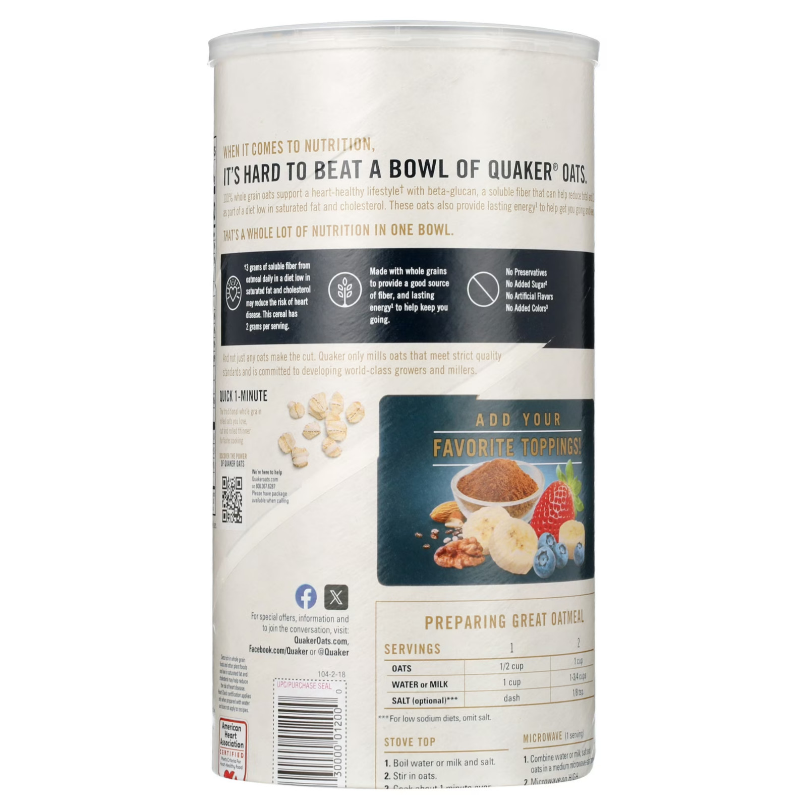Quaker, Quick 1 Minute Oats, Oatmeal, Quick Cook Oatmeal, 42 oz Canister Dry Oat