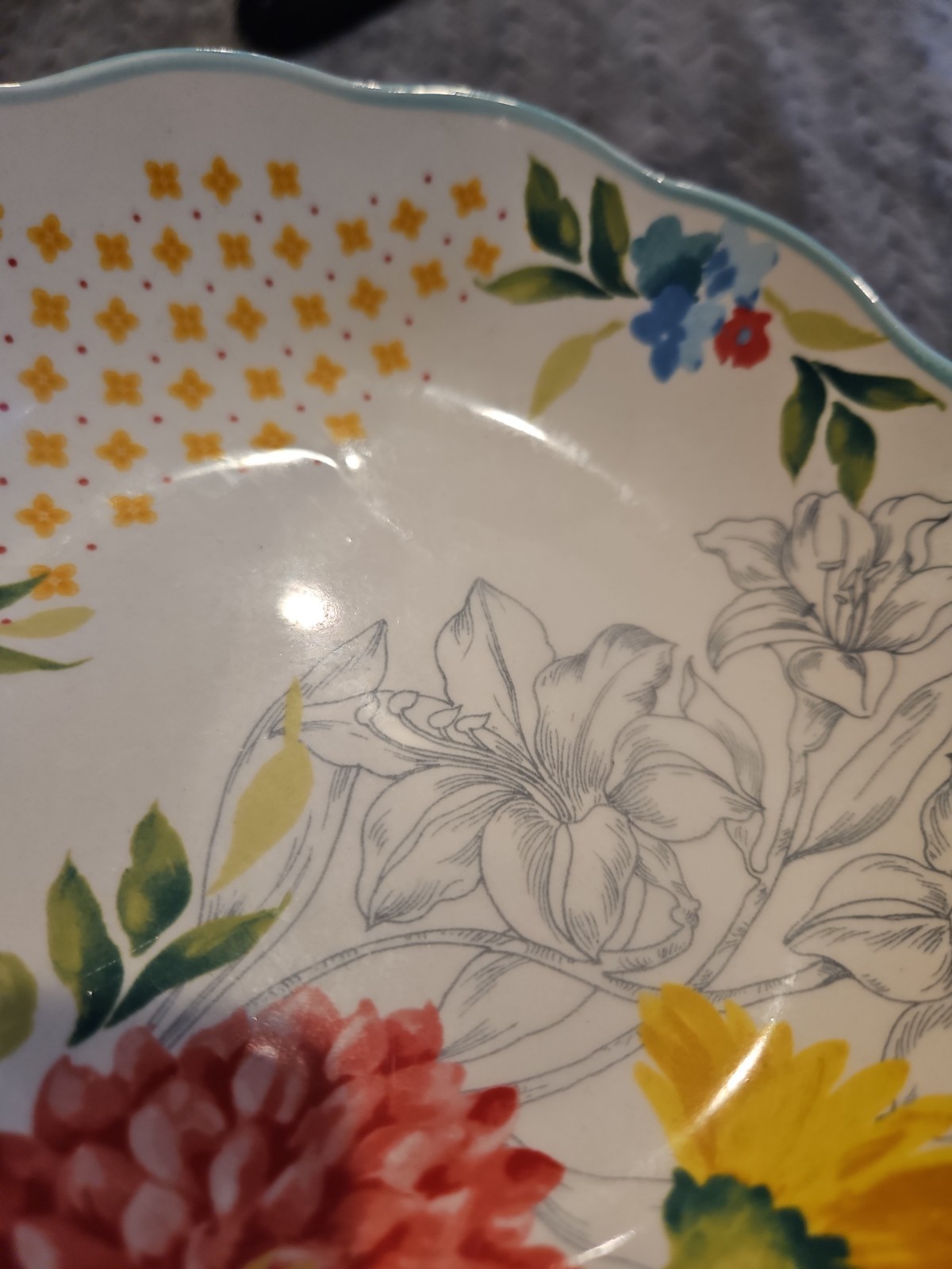 The Pioneer Woman Pasta Bowl Blooming Bouquet 7.5in Teal Floral Stoneware NEW