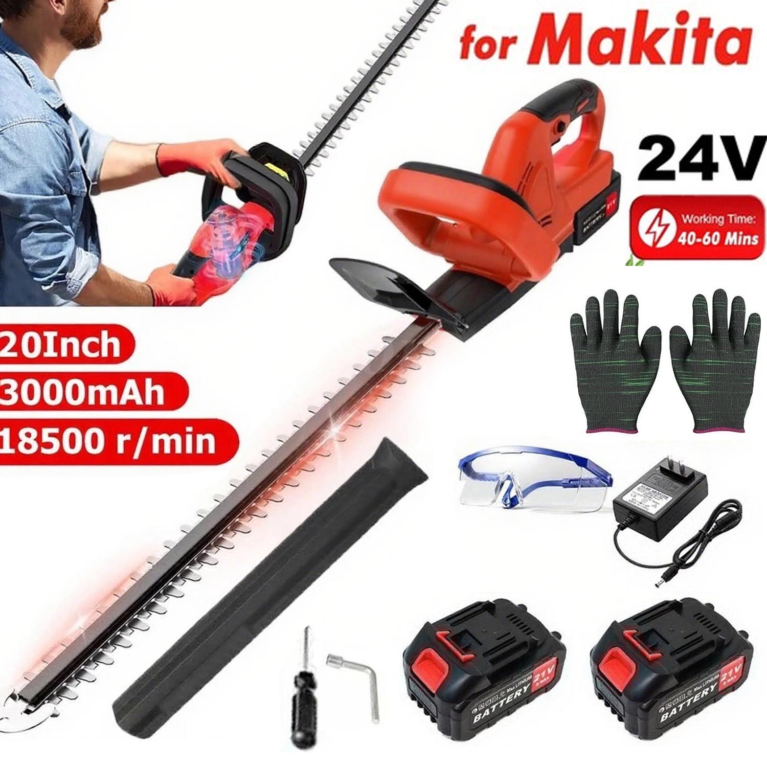 22” Electric Hedge Trimmer Cordless Power Hedge Trimmer with 2Battery & Charger