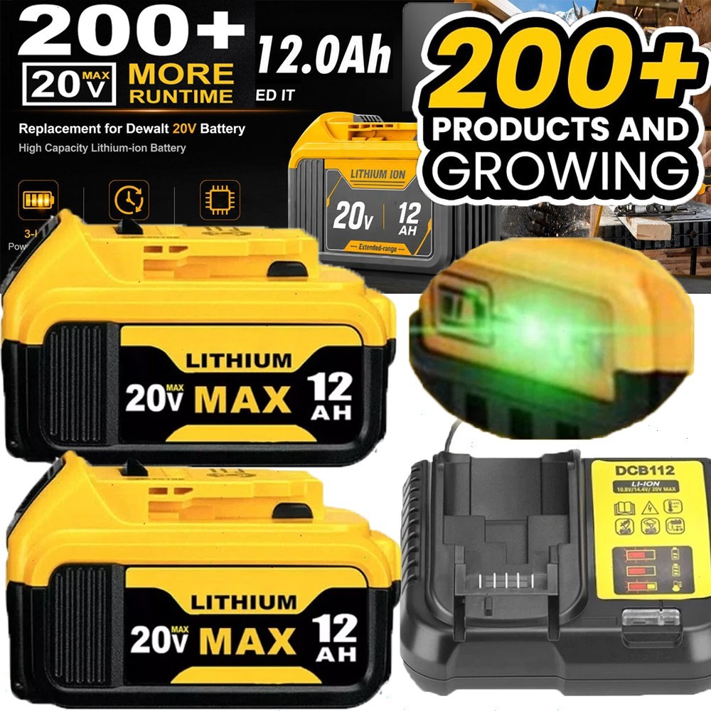 2Pack For DeWalt 20V 20 Volt Max XR 12.0AH Lithium Battery DCB206-2+Dual Charger