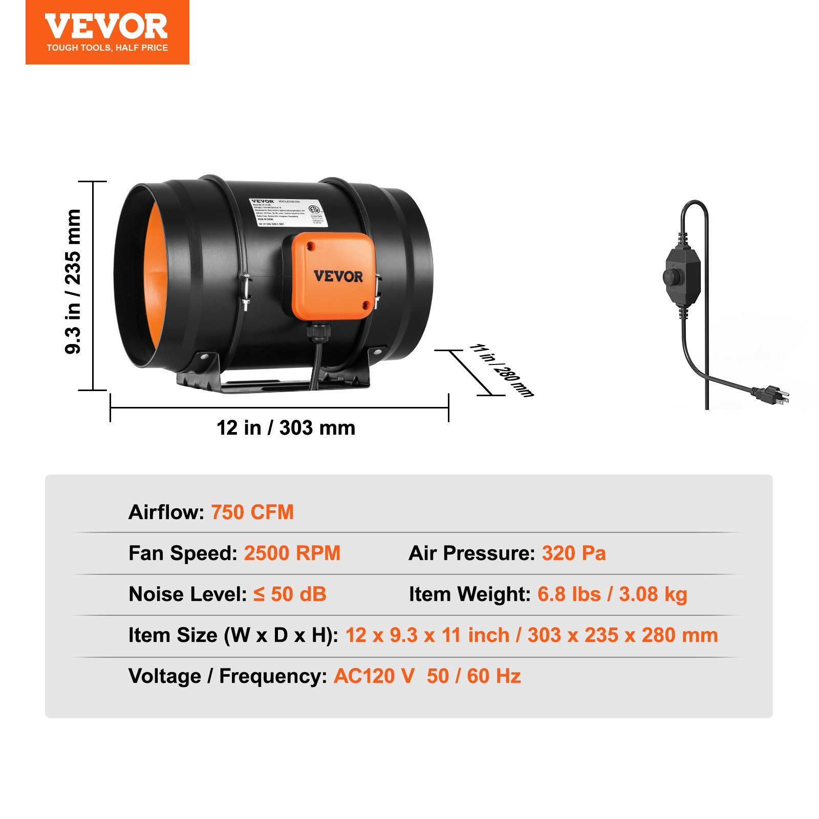 VEVOR Inline Duct Fan, 8-Inch 750 CFM with Variable Speed Controller, Quiet AC-m
