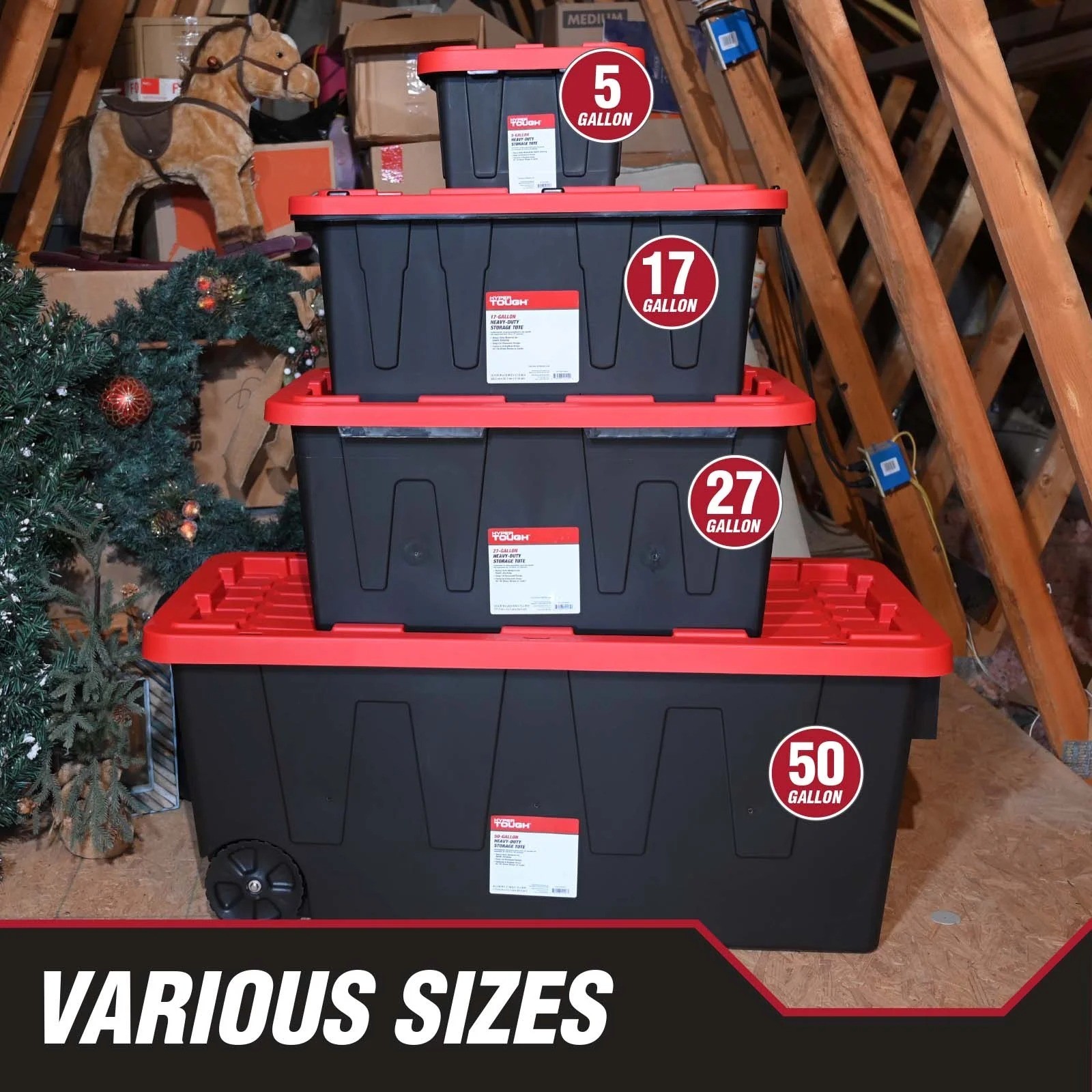 Hyper Tough 27 Gallon Snap Lid Plastic Storage Bin Container, Black with Red Lid