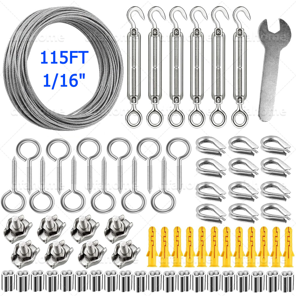 1/16″ 7×7 115ft Stainless Steel Wire Rope Kit Cable Turnbuckles Wire Tensioner