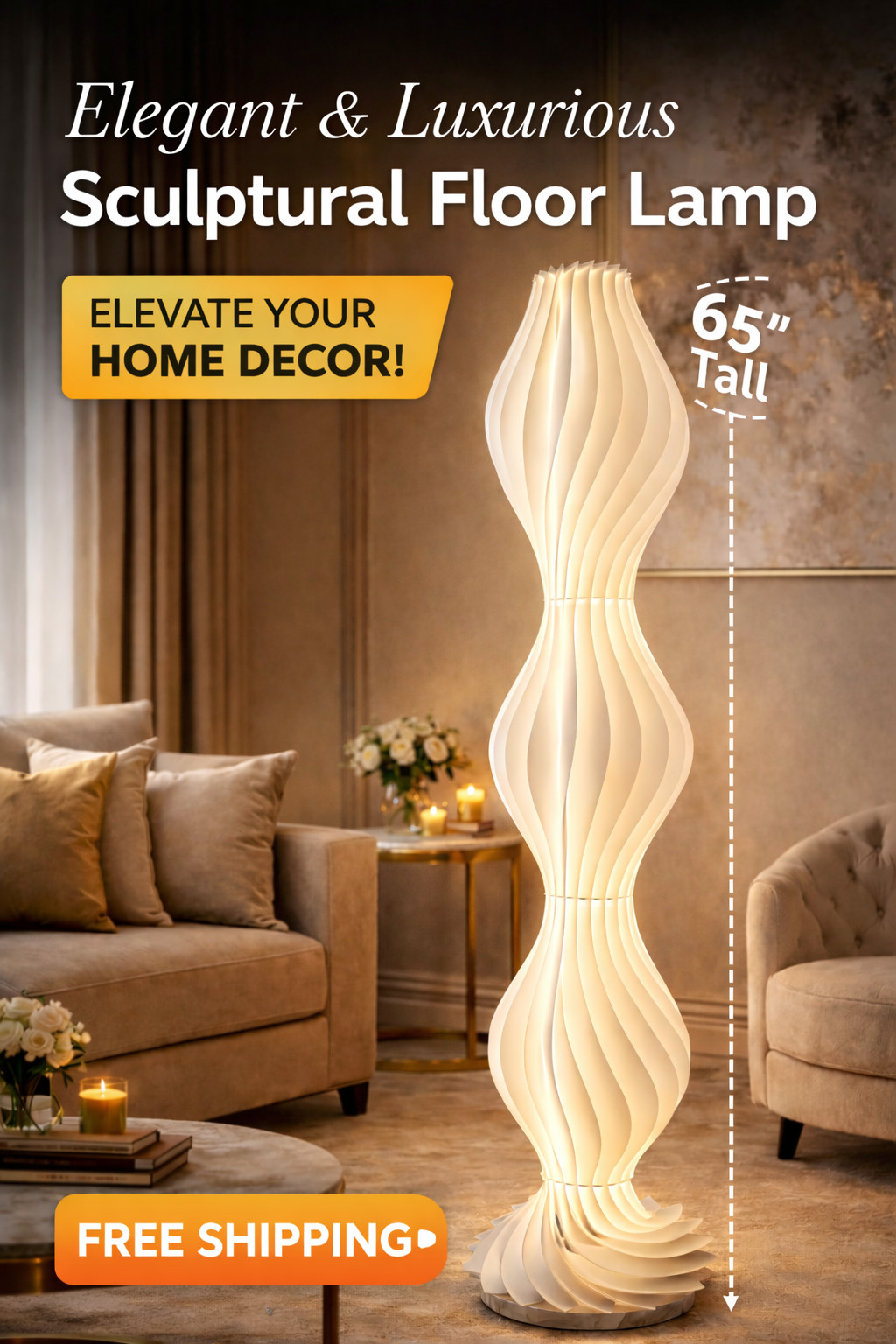 Floor Lamp 65″ Dimmable w/ Remote – Tall White Sculptural Soft Light for Bedroom