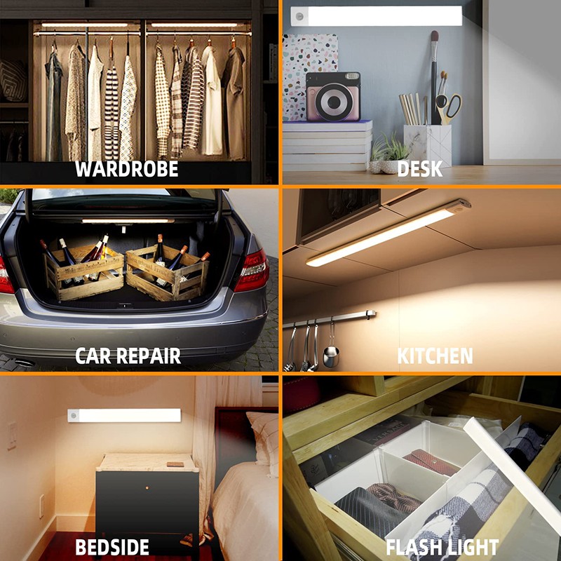 LED Motion Sensor Under Cabinet Closet Light USB Rechargeable Kitchen Strip Lamp