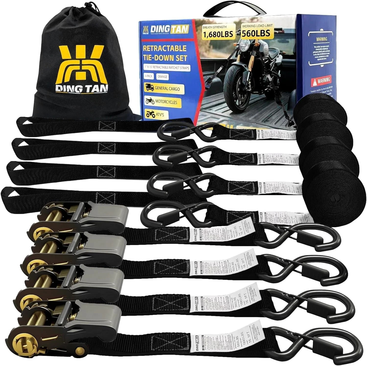 Rhino USA Retractable Ratchet Straps (4-Pack) – 1 Inch x 15 Feet (1,650lb Break