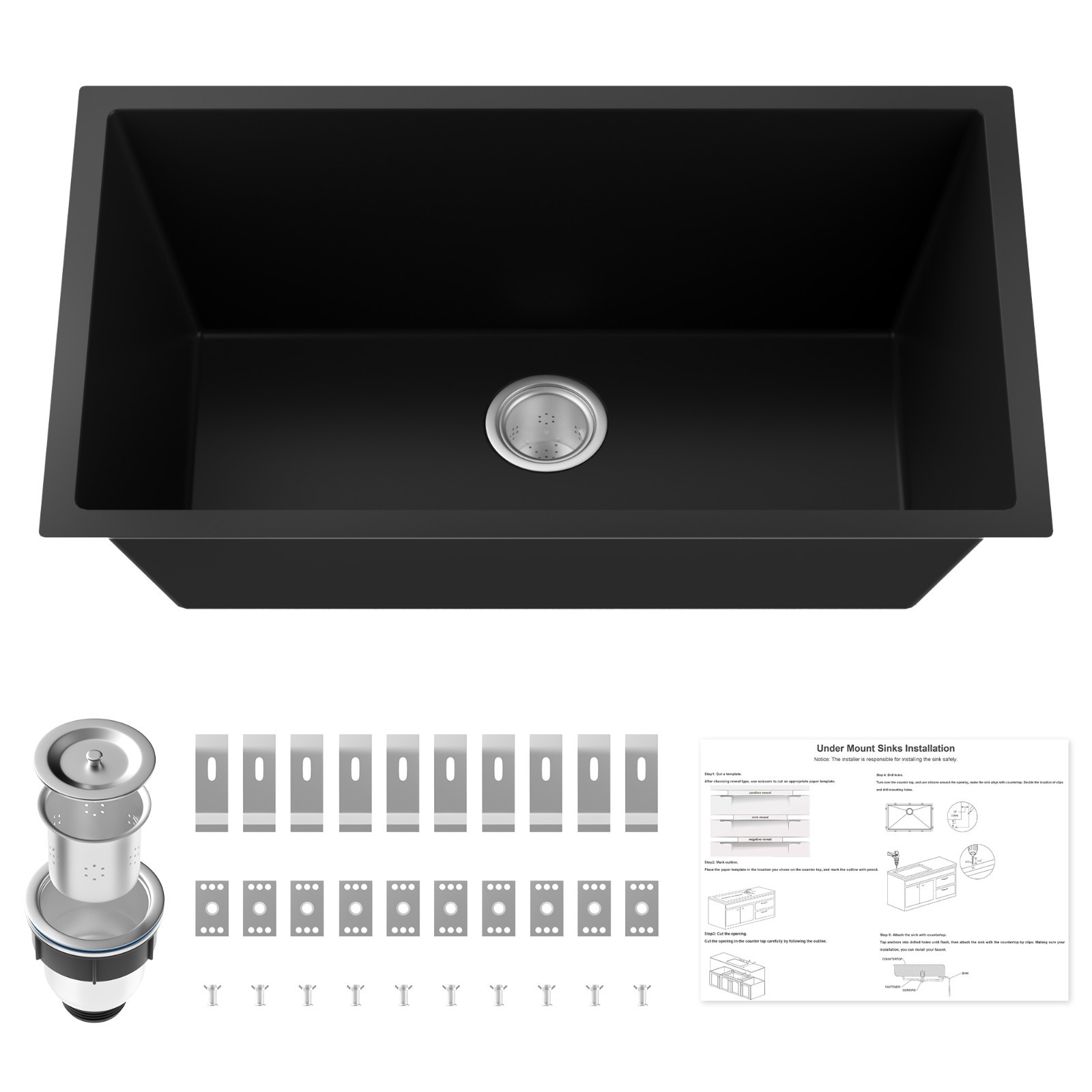 Black 30″ x18″ Large Undermount Kitchen Sink, Single Bowl Granite Composit