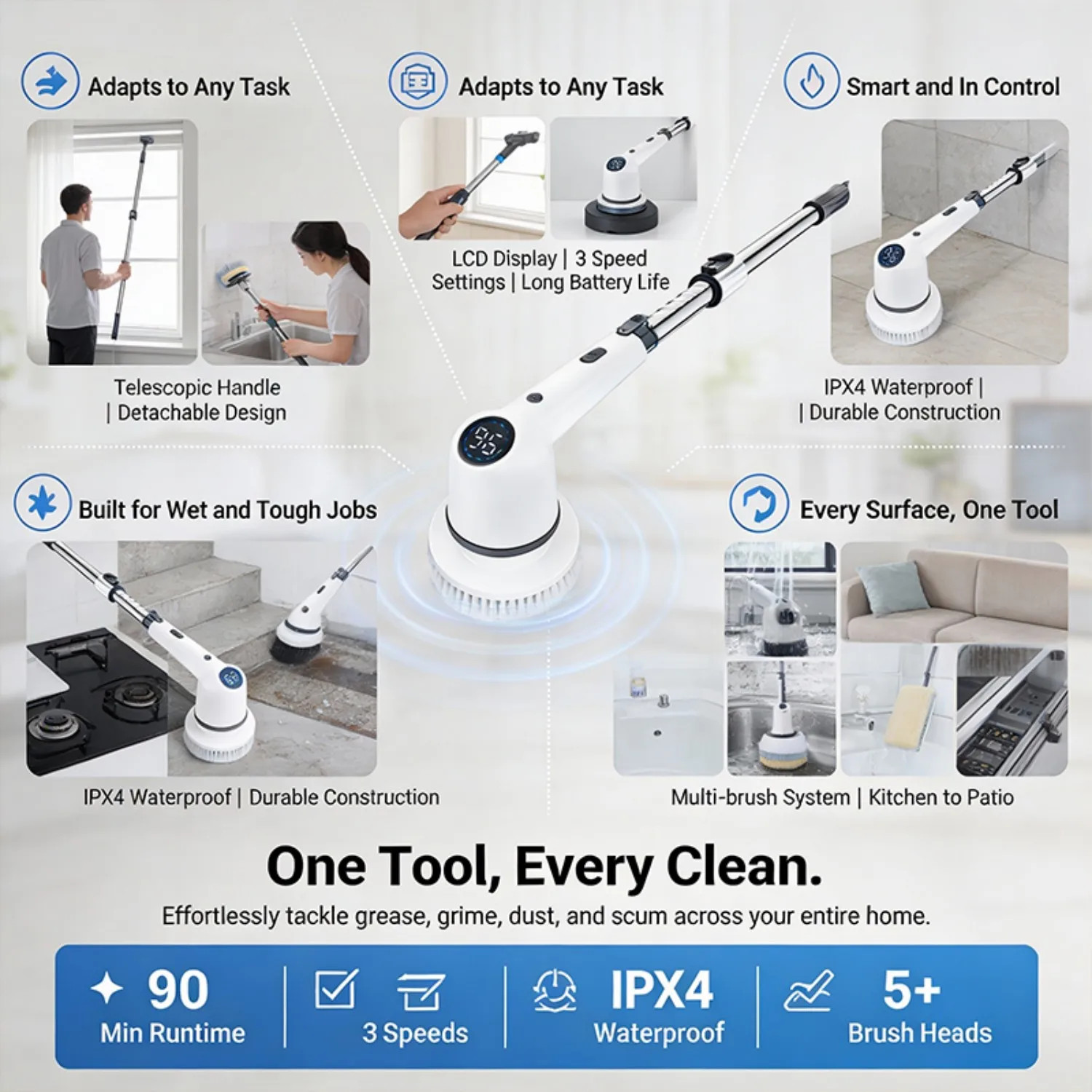Cordless Electric Spin Cleaning Brush with 8 Brush Heads, 1300mAh Battery & 3 Sp