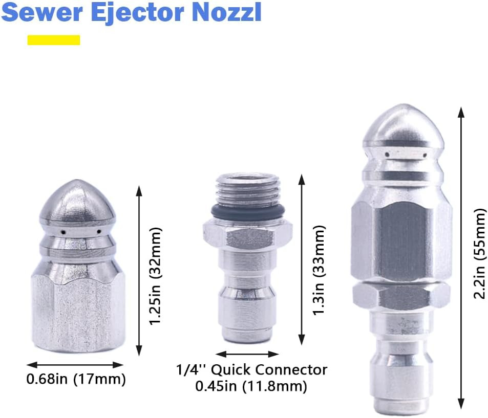 High-Pressure Sewer Jetter Nozzle with Stainless Steel 1/4 Connector 5000 PSI