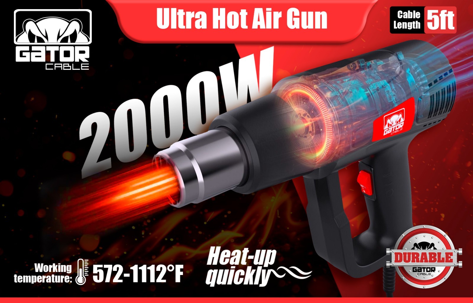 2000W Heat Gun Hot Air Gun Wind Blower Dual Temperature Settings High Power Tool