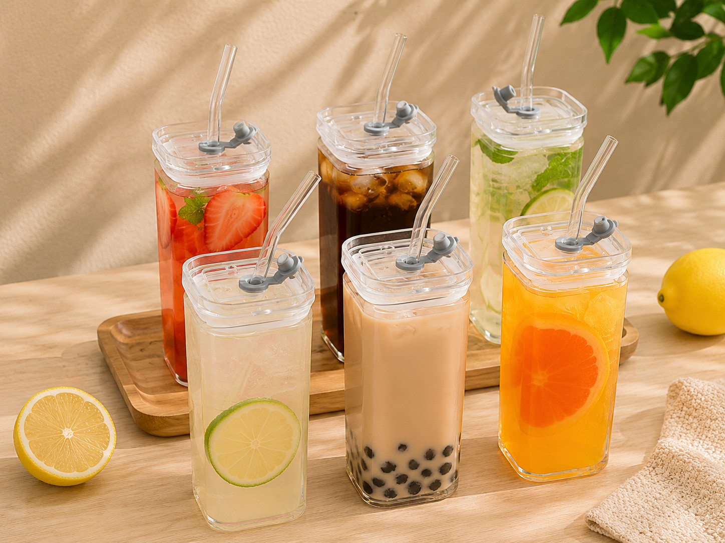 6 Pack 13oz Square Drinking Glasses with Lids and Bent Glass Straws, Reusable Gl