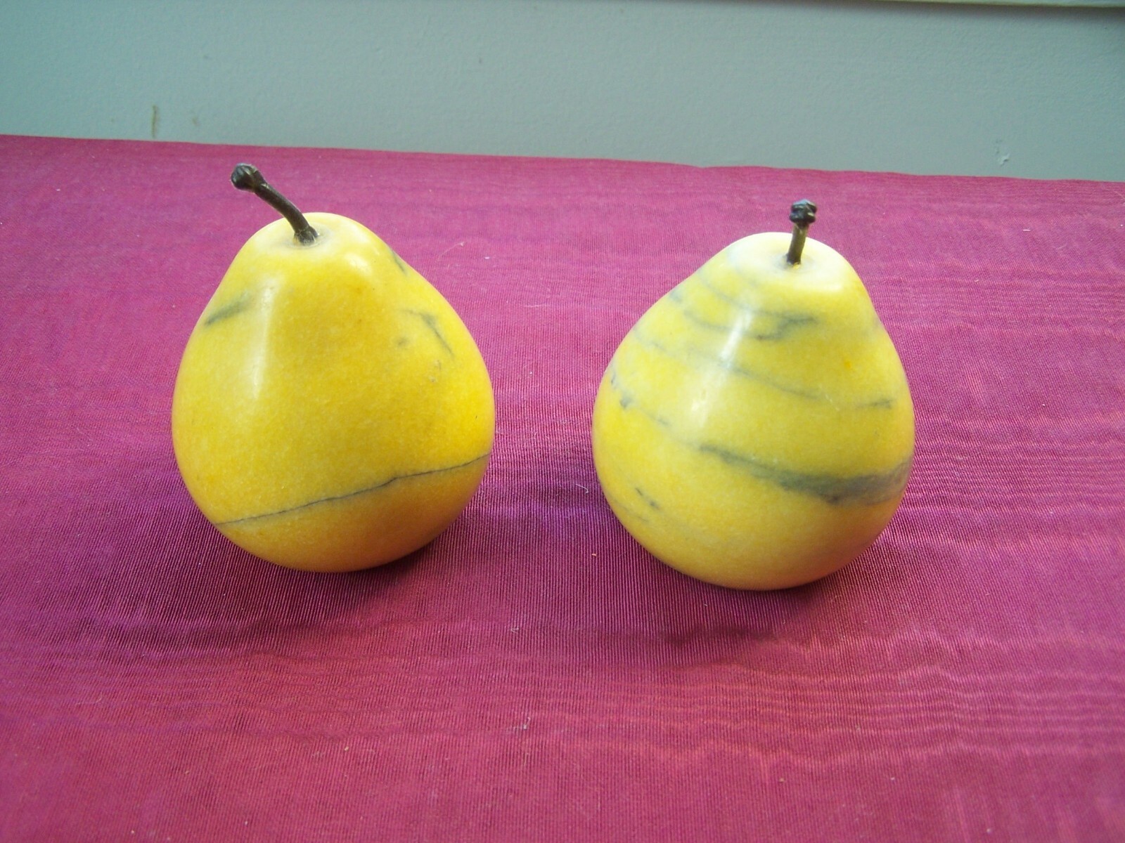 2 alabaster(?) marble stone pears, heavy, 1.4 pounds each, 3″ tall, EUC