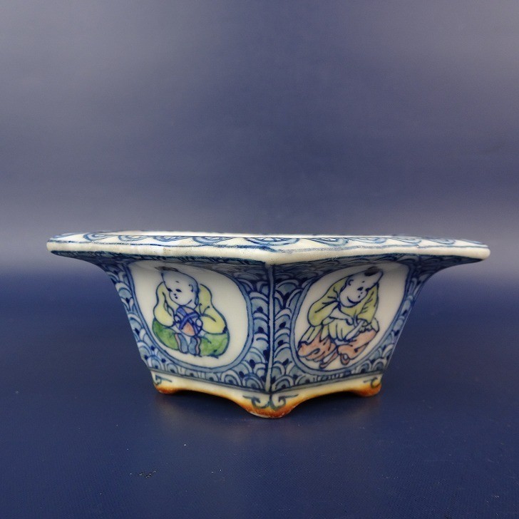 Shoseki Ishida Japanese Bonsai Pot Hexagonal Polychrome L11.8cm 4.6in Vintage