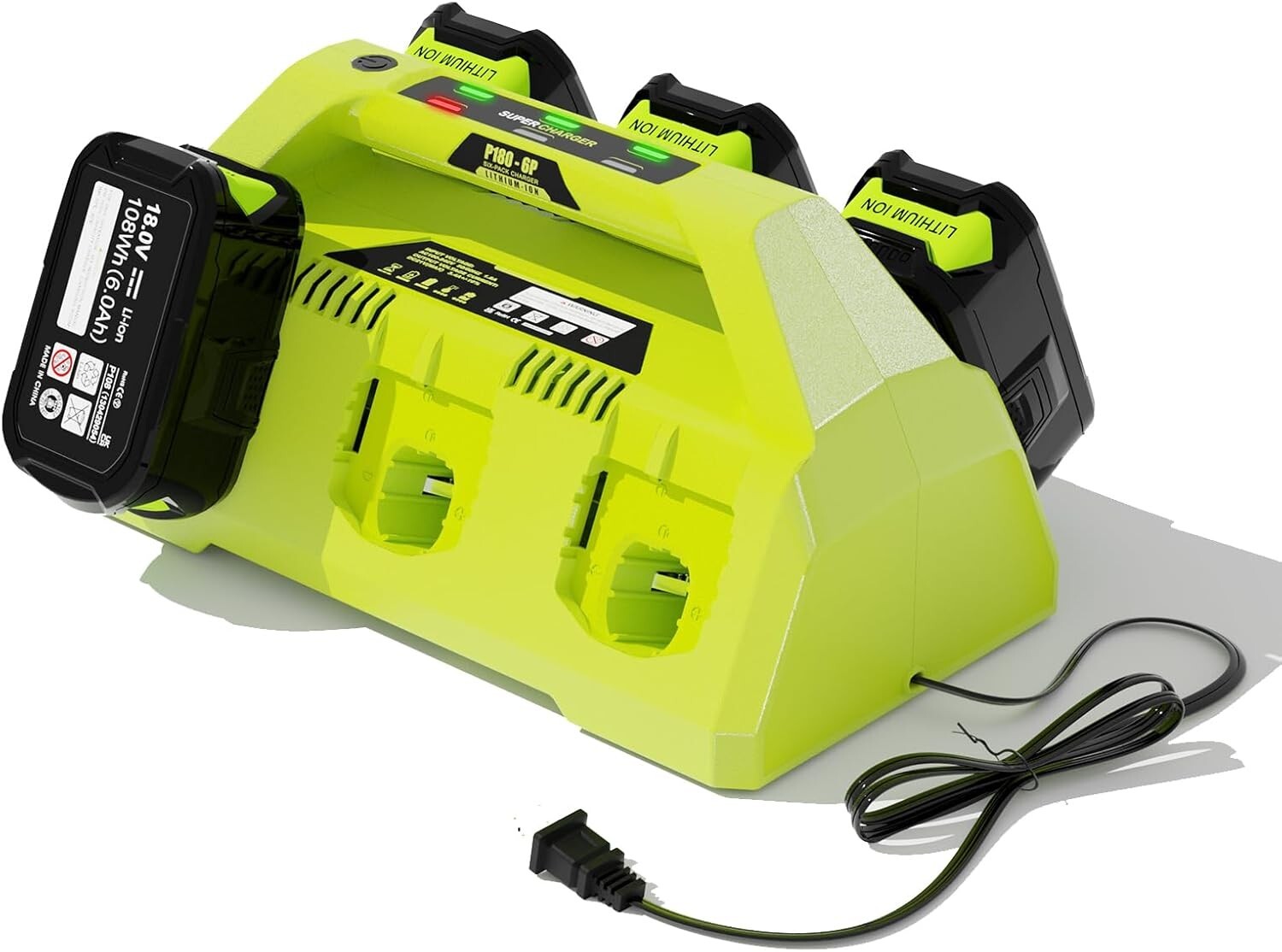 18V 6-Port Charger P180 for Ryobi One+ 12V-18V Li-Ion/NiCd/NiMH (P102/P108/P180）