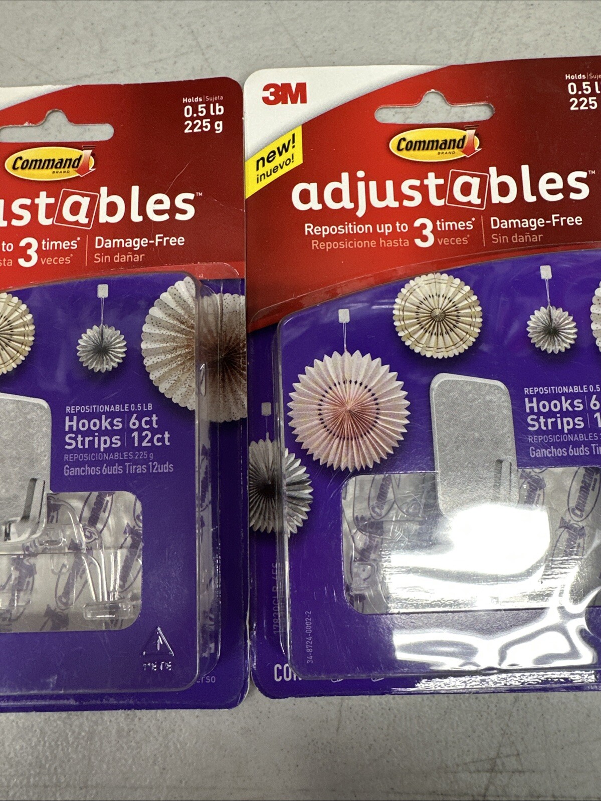 3M Command Adjustables 2 Packs 6 Clear Hooks & 12 Strips Each Pack Holds 0.5 lb