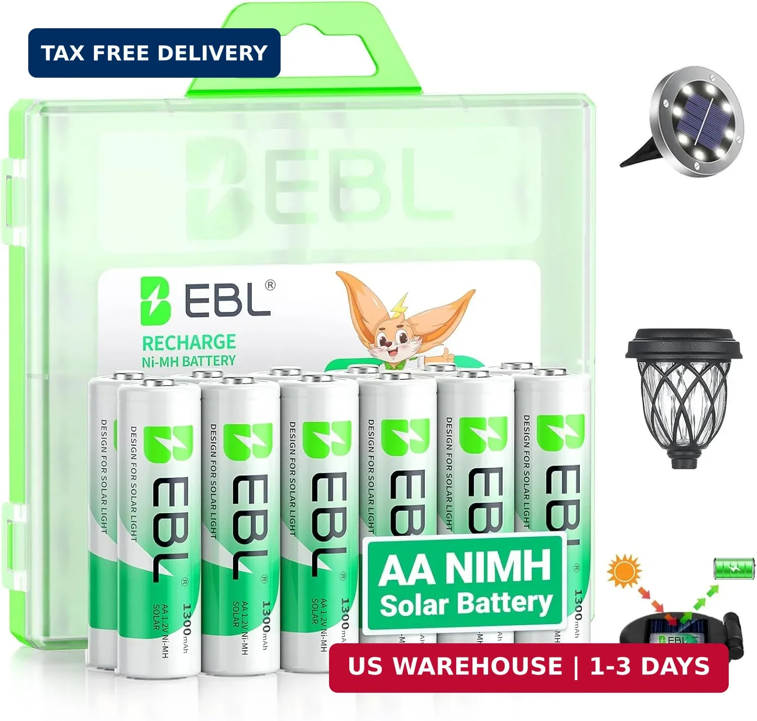 EBL Solar AA Battery Rechargeable Batteries for Outdoor Solar Lights, 1300mAh NI