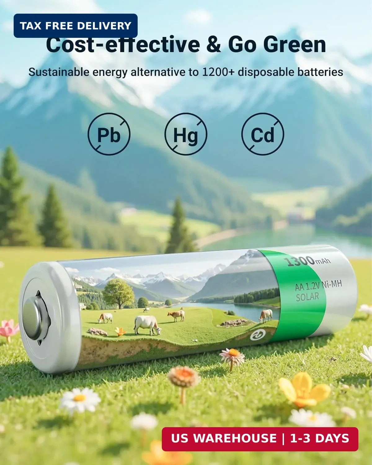 EBL Solar AA Battery Rechargeable Batteries for Outdoor Solar Lights, 1300mAh NI