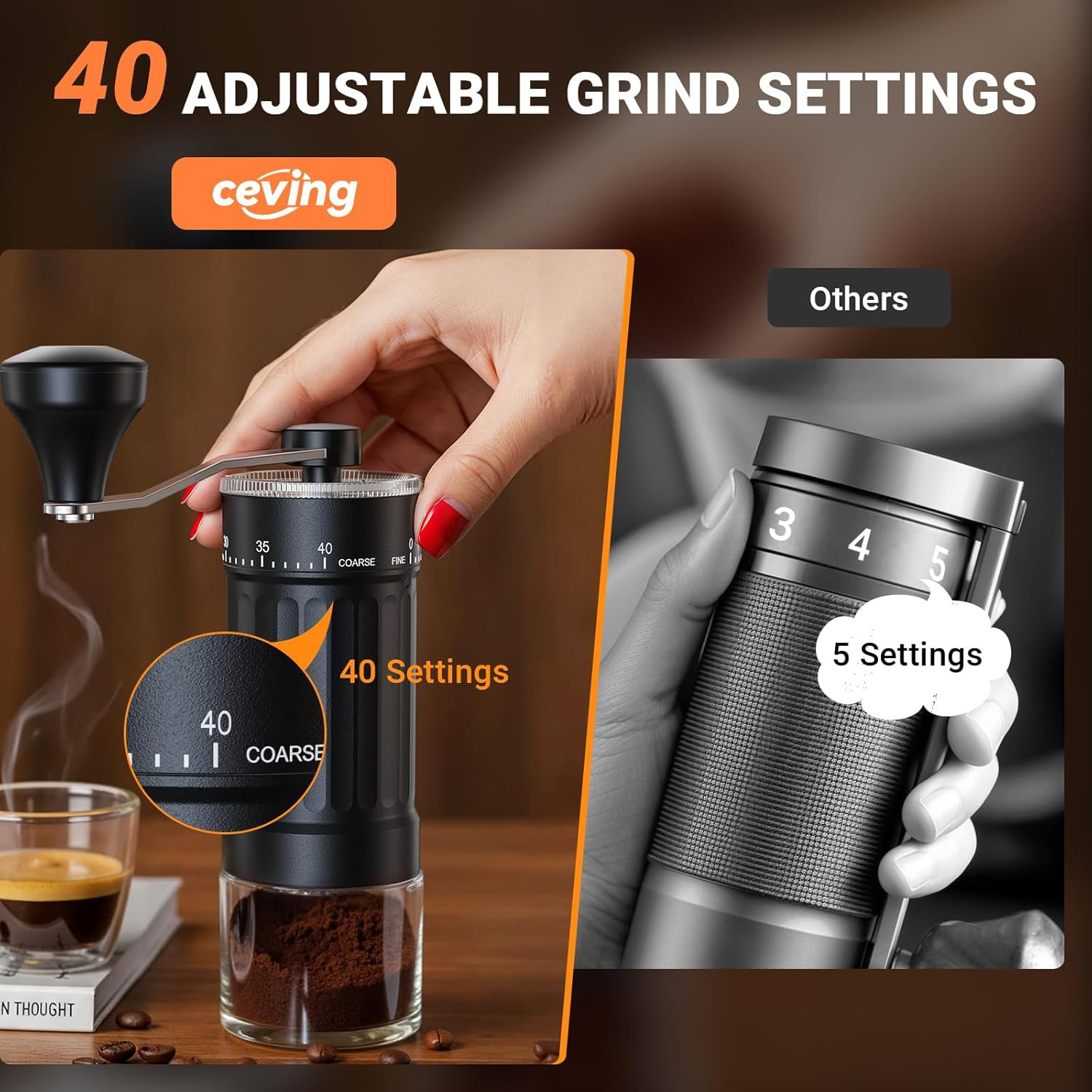 Mini Manual Coffee Grinder with 40 Adjustable Settings, Black | Portable Hand Co