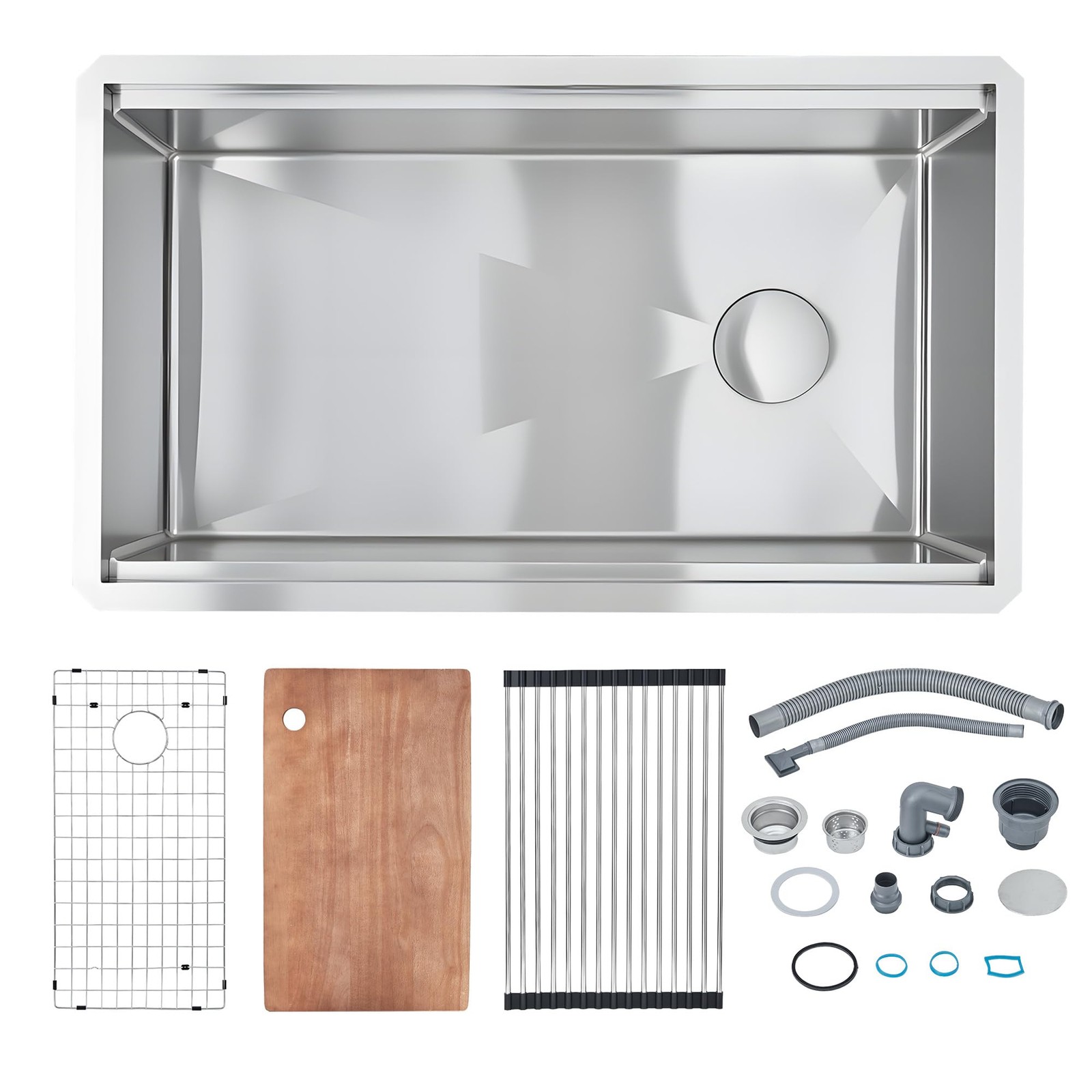 Sleek Kitchen Sink Undermount Single Bowl Stainless Steel 30 In w/ Grid Strainer