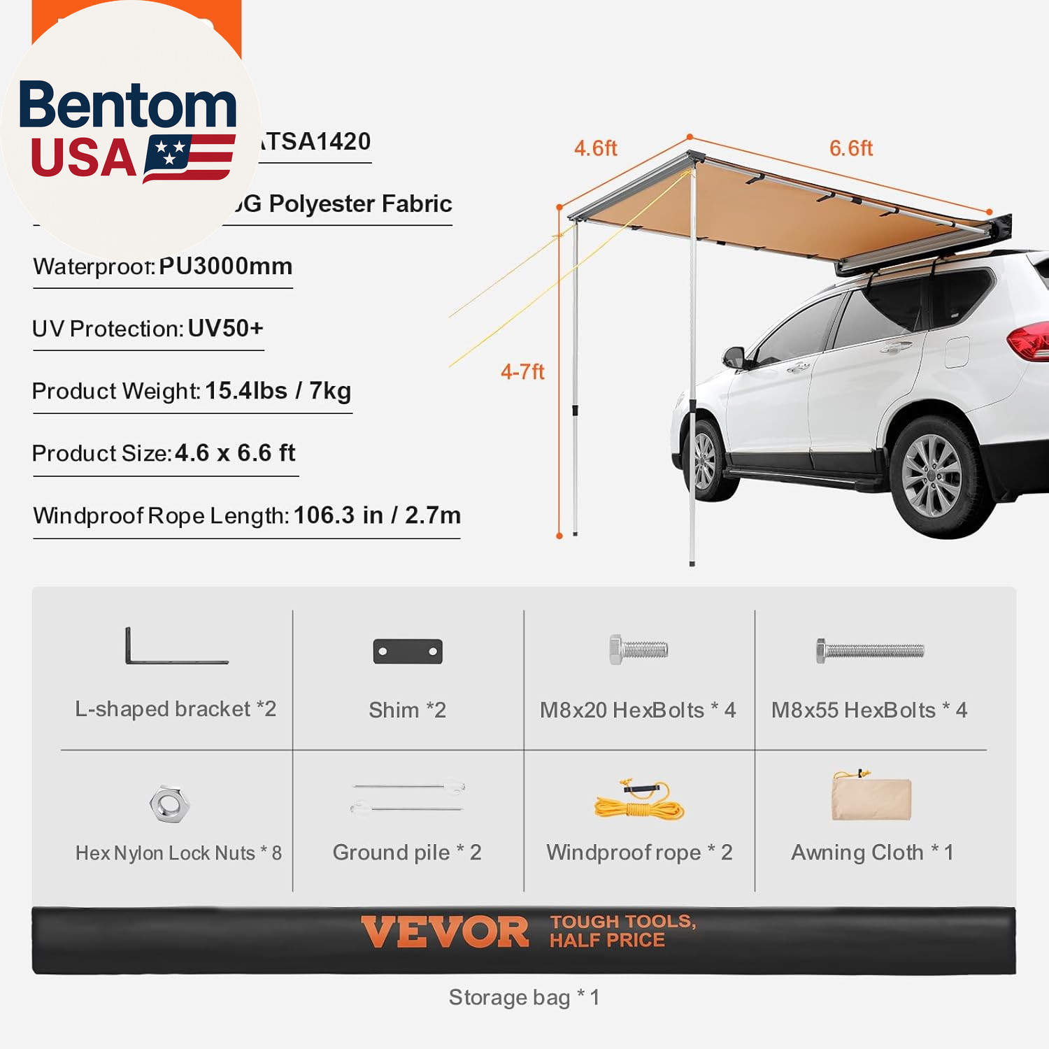 Vehicle Awning 4.6’X6.6′ Roof Rack Pull-Out Sun Shade UV50+ Pu3000Mm, Retractabl