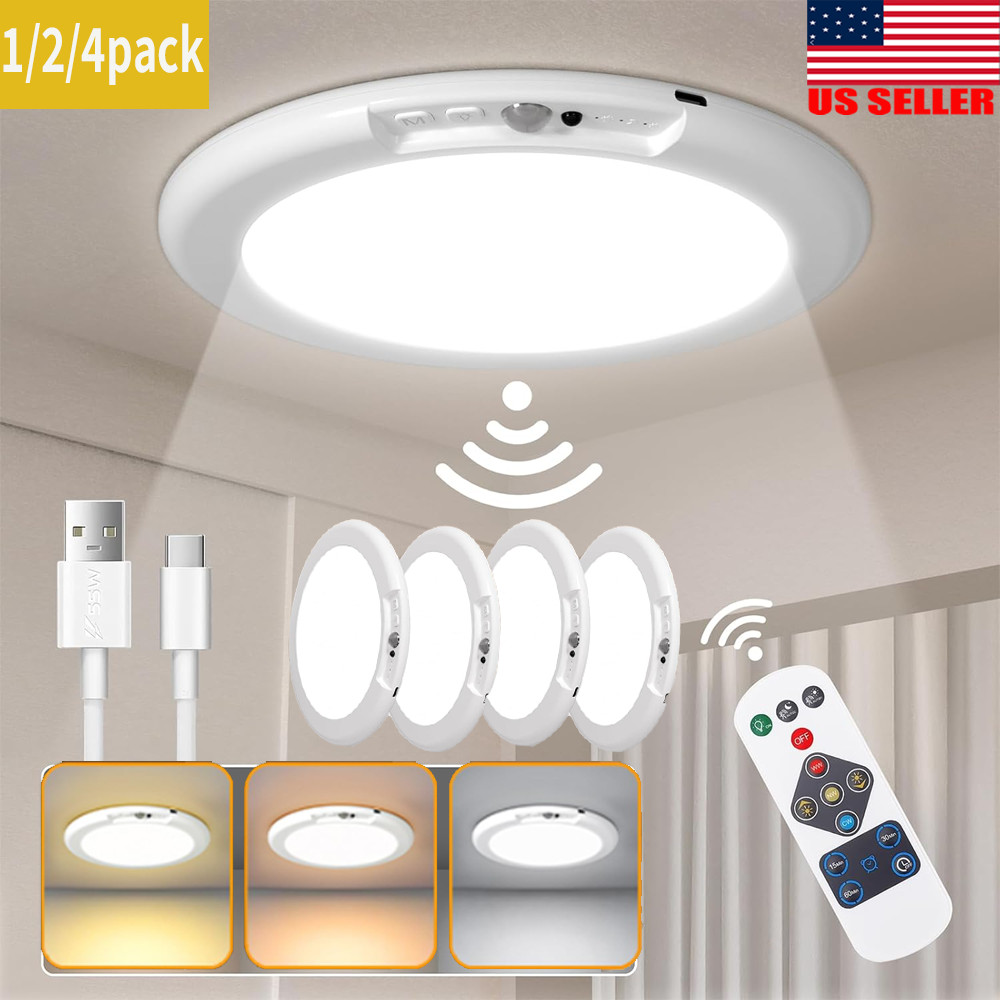 Rechargeable Motion Sensor Ceiling Light W/Remote Battery Powered Wireless 1/2/4