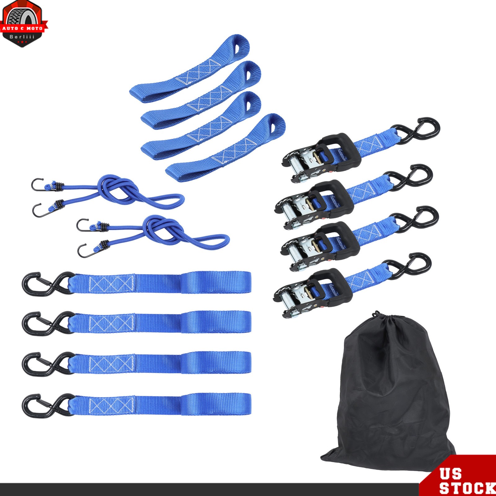 4PCS Heavy Duty Ratchet Straps 1.6″×15’ 5208 lbs Break Strength S Hooks Blue