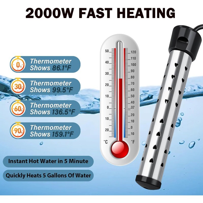 2000W 110V Water Heater Portable Electric Immersion Element Bucket Boiler Travel